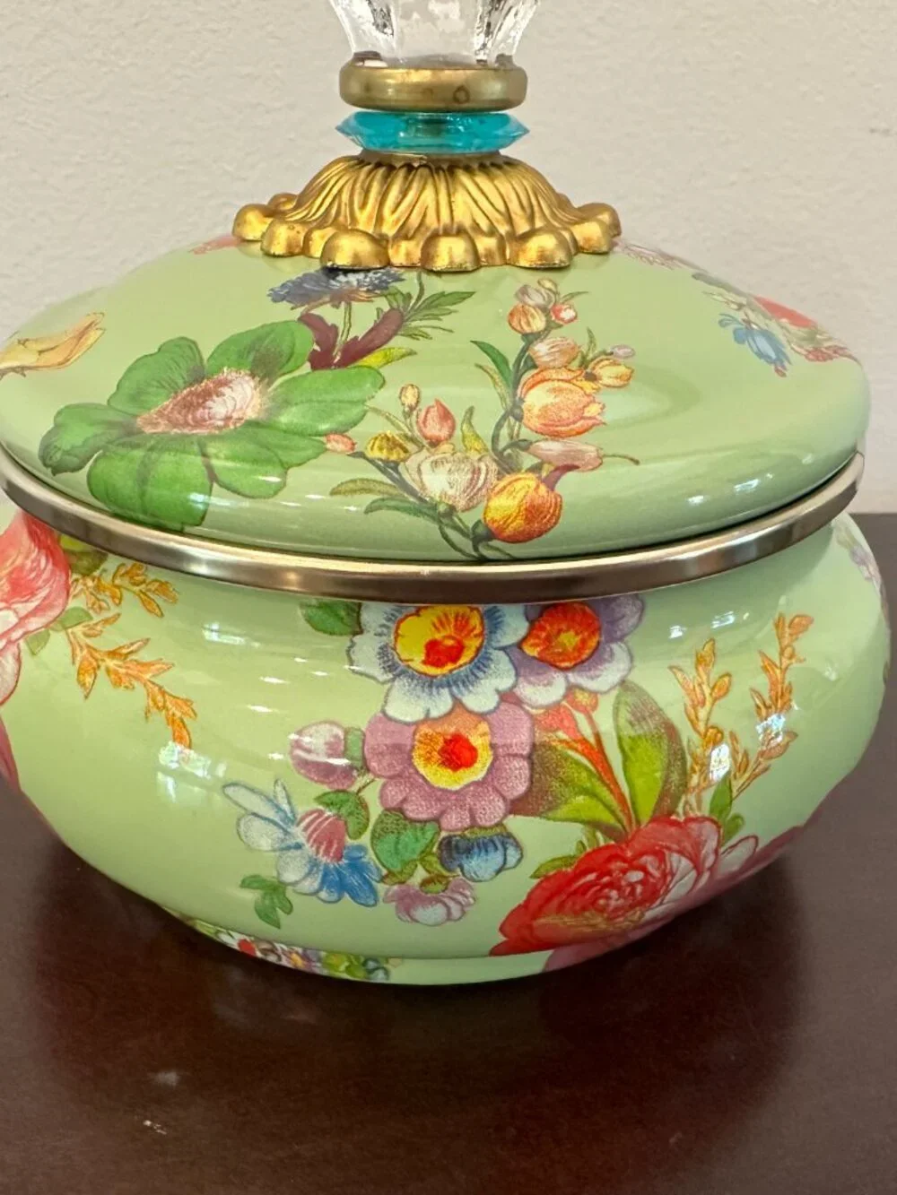 Mackenzie Child Green Flower Market Squashed Enamel Metal Pot Retired Blue Ring